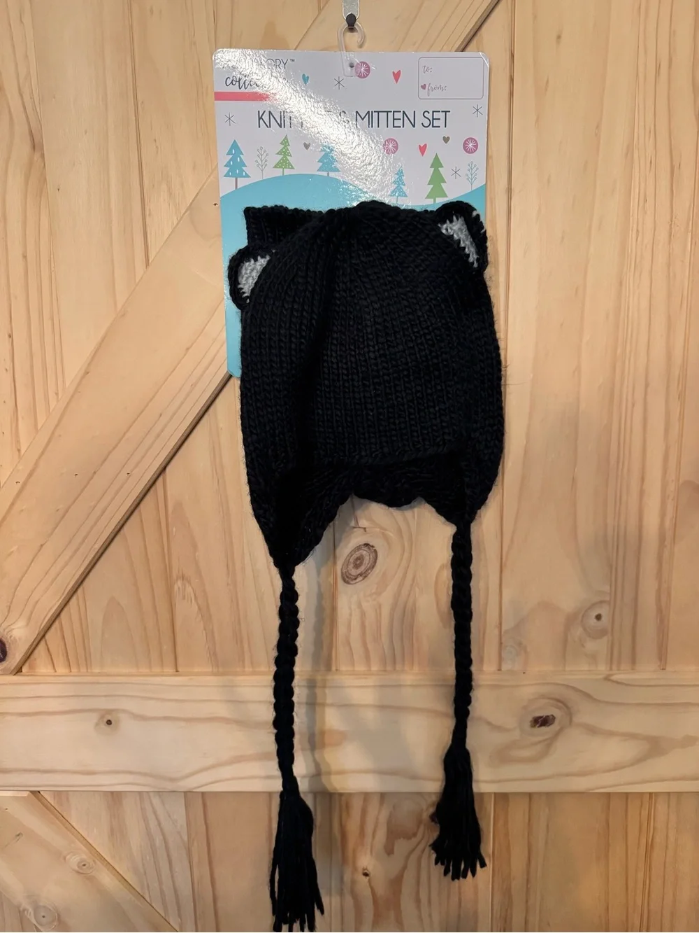 Target Black Knit Cat Ear Earflap Hat with Matching Mittens